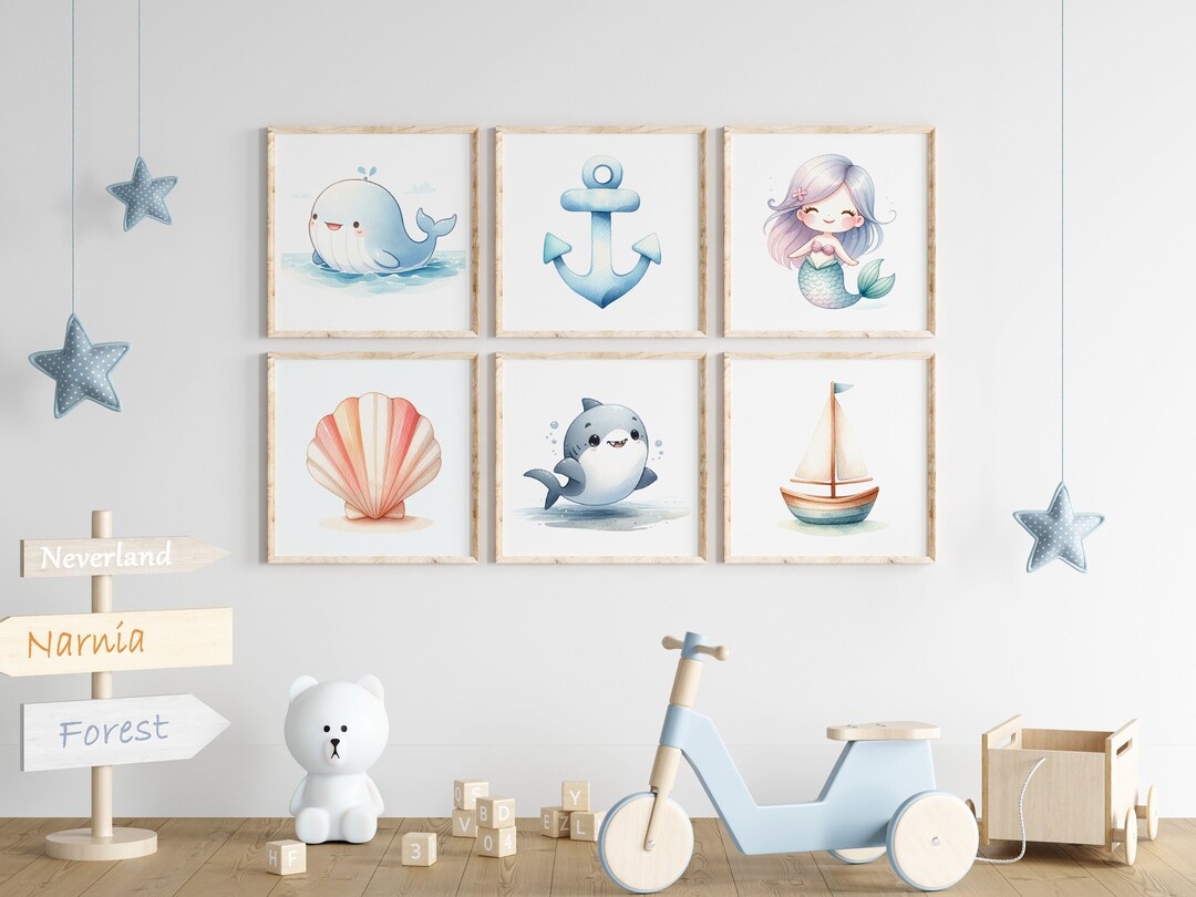 Under the Sea Nursery Art Set of 6, Ocean Theme Playroom Print Set