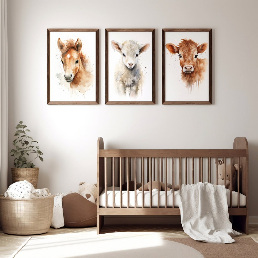 Farm Animals Nursery Decor Set of 3, Barnyard Animal Prints, Gender