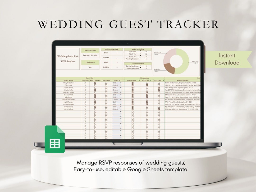 RSVP Tracker Wedding Guest List Spreadsheet Template Etsy