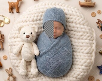 Baby Boy Face Insert Newborn Digital Backdrop, Teddy Bear Composite, Blue Newborn Photography Prop, Nursery
