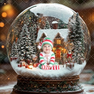 Christmas Snow Globe Digital Backdrop: Family & Pets Photo Overlay (JPG+PNG