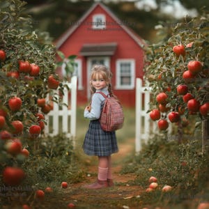 May include: A child wearing a light blue long-sleeved shirt, a dark blue plaid skirt, pink socks, and brown boots, carrying a red plaid backpack, standing on a dirt path between two apple trees laden with red apples, with a red house in the background.