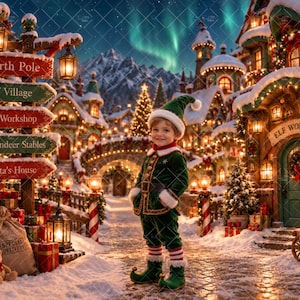May include: A child dressed in a green and red elf costume stands in a snowy village at night. A signpost points to the North Pole, Elf Village, Toy Workshop, Reindeer Stables, and Santa's House. The scene features glowing lights and aurora borealis.
