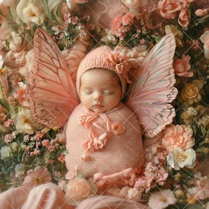 Newborn Face Insert, Butterfly Baby Photo Portrait, Floral Digital Backdrop, PNG Newborn Photography, Add Baby Digital Photo Prop Composite