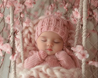 Swing Face Insert Newborn, PNG Newborn Photography, Soft Pink Flowers, Spring Floral Composite, Prop Backdrop, Digital Photo Background