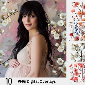 10 Floral Branch Digital Overlays, Maternity Flower Branch, Overlays Photoshop, Composite Digital, PNG Download, Flowering Branches Clipart