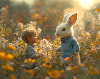 Easter Bunny Digital Backdrop Composite, Spring Blossom Field Road, Fantasy Outdoor Portrait, Photoshop Floral Overlay, Kids Background,