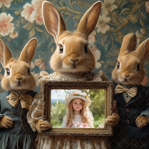 Könnte beinhalten: Drei braune Kaninchen in formeller Kleidung, die ein gerahmtes Foto eines jungen Mädchens halten, das einen weißen Hut trägt und bunte Ostereier hält. Die Kaninchen tragen Fliegen und Westen, und das Foto ist vor einem floralen Hintergrund.