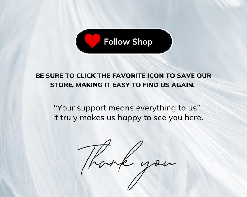 K&ouml;nnte beinhalten: Ein schwarzes Banner mit einem roten Herzsymbol und den Worten "Follow Shop". Der Text ermutigt dazu, den Shop zu speichern, indem man auf das Favoritensymbol klickt. Die Worte "Thank you" sind in Kursivschrift auf wei&szlig;em und grauem Hintergrund geschrieben.
