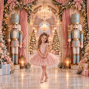 Puede incluir: Un niño pequeño con un vestido de encaje rosa empolvado con falda de tul voluminosa, de pie en un gran salón decorado para Navidad. Dos grandes estatuas de cascanueces azules y doradas flanquean la escena junto a árboles de Navidad rosas.