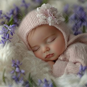 Newborn Digital Backdrop Face insert, Baby Girl & Green Purple Flowers, Add baby face Digital Photo Prop Composite, PNG Newborn Photography