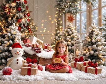 Puede incluir: Un niño pequeño con un vestido rojo sentado sobre una superficie nevada, rodeado de árboles de Navidad, una figura de muñeco de nieve y varios regalos envueltos con lazos rojos, iluminado por luces cálidas y decoraciones festivas.