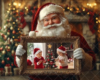 Cornice con Babbo Natale, sfondo digitale con sovrapposizione natalizia, modello Photoshop con Babbo Natale, composizione creativa per le feste, download di immagini PNG con inserimento
