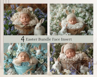 4 toile de fond numérique nouveau-né, lot de 2, insertion de visage, toile de fond florale printanière, ajouter une photo de visage, accessoire composite, fond de bébé, photographie de Pâques