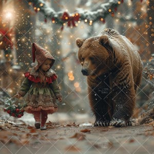 Christmas Bear Digital Backdrop, Christmas Tree Snow Forest Road, Creative Composite Pathway, Xmas Festive, Holidays Background Photography
