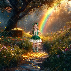 Op de afbeelding: Een jong meisje in een groene en witte jurk staat op een pad in een bos. Het pad is bezaaid met gouden munten en leidt naar een regenboog. Het bos is weelderig groen met een grote boom op de achtergrond.