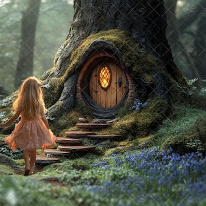 May include: A young girl in a peach-colored dress walks towards a small, wooden door set into a large tree trunk. The door is surrounded by moss and green foliage, and the tree is in a forest setting.