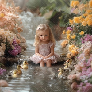 Spring Digital Backdrop Composite, Duck Pond With Flowers,  Nature Outdoors Photoshoot,  Easter  Background Photography, Sutido Portrait,