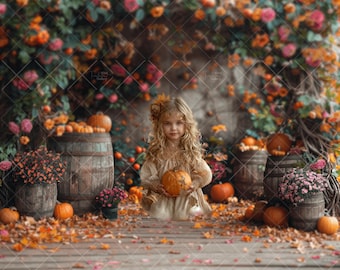 Puede incluir: Una niña con un vestido blanco sostiene una pequeña calabaza naranja en un entorno otoñal. El fondo presenta una pared de hojas de otoño y calabazas.