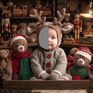May include: A baby wearing a brown knit reindeer hat with antlers and a matching gray knit sweater with red buttons, sitting in a wooden crate between two brown teddy bears wearing red and green scarves and hats, surrounded by toy nutcrackers.