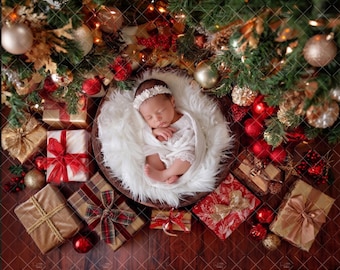 Newborn Christmas Digital Backdrop, Festive Baby Girl and Boy in Basket with Tree, Ornaments & Gifts, Download Background for Photography