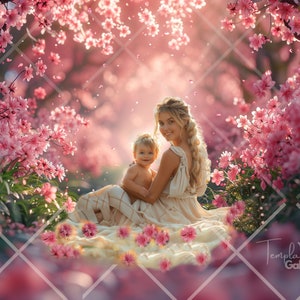 以下が含まれることがあります： ピンクの花畑に座っている母親と子供。母親は白いドレスを着て、子供は白いシャツを着ています。花は満開で、背景はぼやけています。