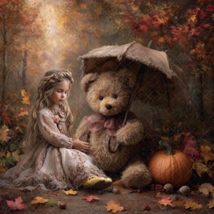 May include: A young girl in a floral dress sits with a large teddy bear under a rustic umbrella. A pumpkin and autumn leaves are scattered around them. The scene is set in a forest with fall foliage.