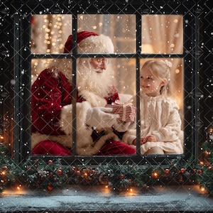 Superpositions Photoshop pour fenêtre enneigée - PNG, toile de fond numérique pour fenêtre de Noël, portraits en studio photo, chambre de Noël