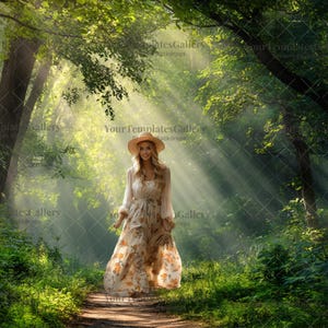 Digital Forest Backdrop Photoshop, Summer Green Sunset Portrait