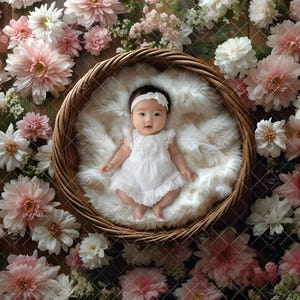 2 cuencos de madera digitales para recién nacidos, fondos florales de primavera, cestas florales para colgar en la cabeza, niña recién nacida blanca y rosa, archivos JPEG
