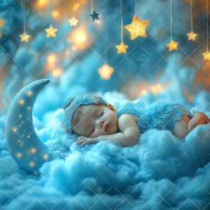 Blue Newborn Digital Backdrop, Dream in the Clouds, Background Moon and Stars, Clouds Baby Composite, Photography Portrait, Baby Photo Prop
