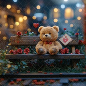 May include: A brown teddy bear sitting on a wooden bench with red roses and a heart-shaped card. The bench is surrounded by greenery and the background is blurred with warm lights.