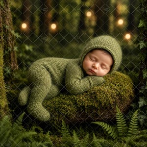 May include: A sleeping infant wearing a sage green knitted long-sleeve romper with an attached hood. The garment features a textured knit pattern and covers the arms and legs completely, providing a soft and cozy appearance for the newborn.