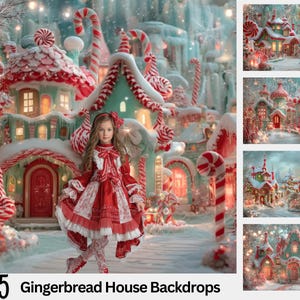 5 Gingerbread House Christmas Backdrops, Candy Cane Village Holiday Background, Fantasy Photography Composite for Mini Sessions