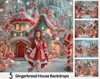 5 Gingerbread House Christmas Backdrops, Candy Cane Village Holiday Background, Fantasy Photography Composite for Mini Sessions