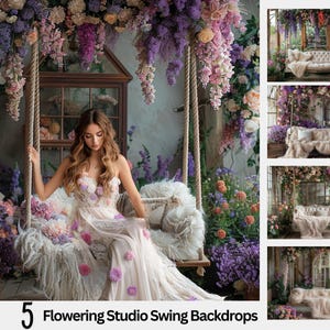 May include: Five floral backdrops featuring a swing with a white fluffy cushion and a white dress with floral embellishments. The backdrops are perfect for photography and feature a variety of flowers in shades of purple, pink, and white.