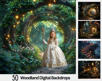 50 Woodland Fairy Steps Backdrops, Enchanted Forest Digital Backgrounds, Deep Forest Photoshop Composite,Mega Bundle,Arches, Paths,Mushrooms