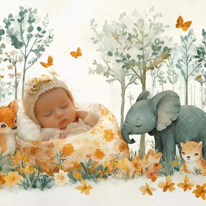 Newborn Digital Backdrop, Forest Animal Elephant, Fox, & Leon, Woodland Baby Photography Background,