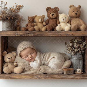 Add face Poppet Prop, Teddy Newborn Digital Backdrop on the Shelf, Photography Face Insert, Background Composite, Baby Gil & Boy, Toy