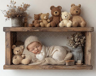 Add face Poppet Prop, Teddy Newborn Digital Backdrop on the Shelf, Photography Face Insert, Background Composite, Baby Gil & Boy, Toy