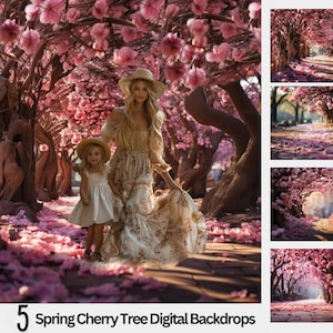 5 春の桜の木、小道の背景、ピンクの花、ファインアートポートレート写真、Photoshop オーバーレイ、花の背景、合成、バンドル