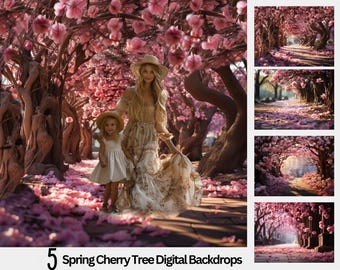 Spring Cherry Tree, Pathway Background, Pink Blooms, Fine Art