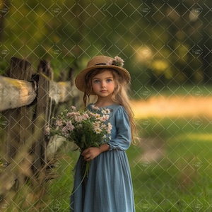 May include: A young person wearing a straw hat and a blue dress, holding a bouquet of pink and white flowers. The person is standing near a wooden fence in a field with a blurred green background.