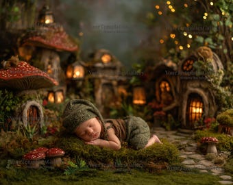 Magical Spring Digital Backdrop – Fairytale Mushroom Forest Overlay for Newborn, Kids & Pets | Fantasy Photography Composite Background