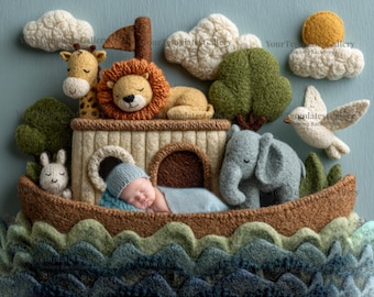 Noah's Ark Baby Boy Backgrounds, Wool Felt Animals, Lion, Giraffe, Elephant (Digital Download)