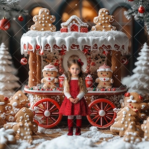 Christmas Gingerbread Cart Digital Background, Holiday Photoshop Overlay, Xmas Festive Composite,Photography Overlay for Toddler, Kids, Pets