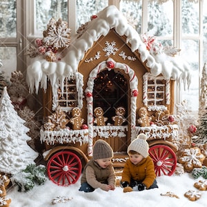 Gingerbread Cart Digital Backdrop, Christmas Candy Shop Cart, Composite + Snow Overlay, Photography Background for Toddler, Kids, Pet, Xmas