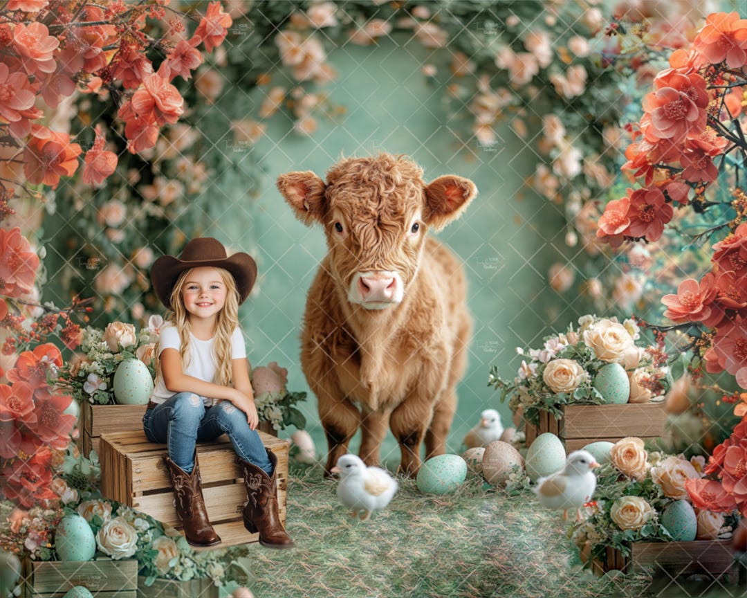 Spring Cow Computer Background Spring Highland Cow Digital Backdrop, Easter Eggs and Chicks, Studio ...