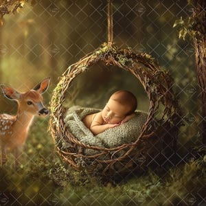 Woodland Newborn Backdrop, Baby Deer Forest Basket, Digital Photoshop Composite, Photo Prop, Outdoors Creative, Fantasy Photo Download,