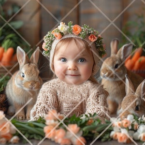 May include: A smiling baby wearing a floral crown and a beige sweater, surrounded by three brown rabbits and orange carrots. The scene is set with greenery and flowers, creating a spring or Easter theme.
